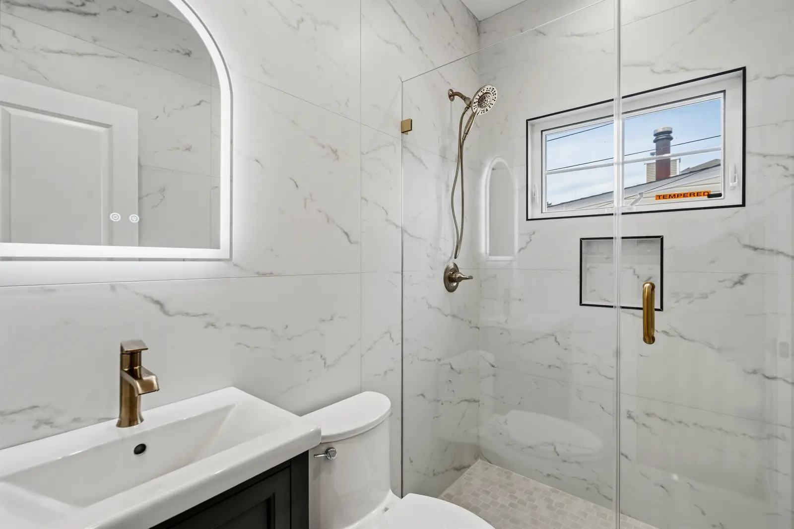 Syosset new construction — full bathroom with glass shower